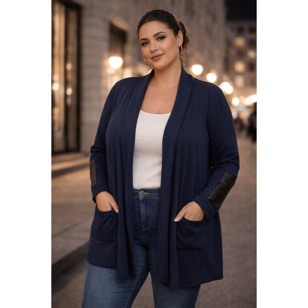 East Adeline Navy Open Front Cardigan 3X Faux Leather Elbow Patch Pockets‎